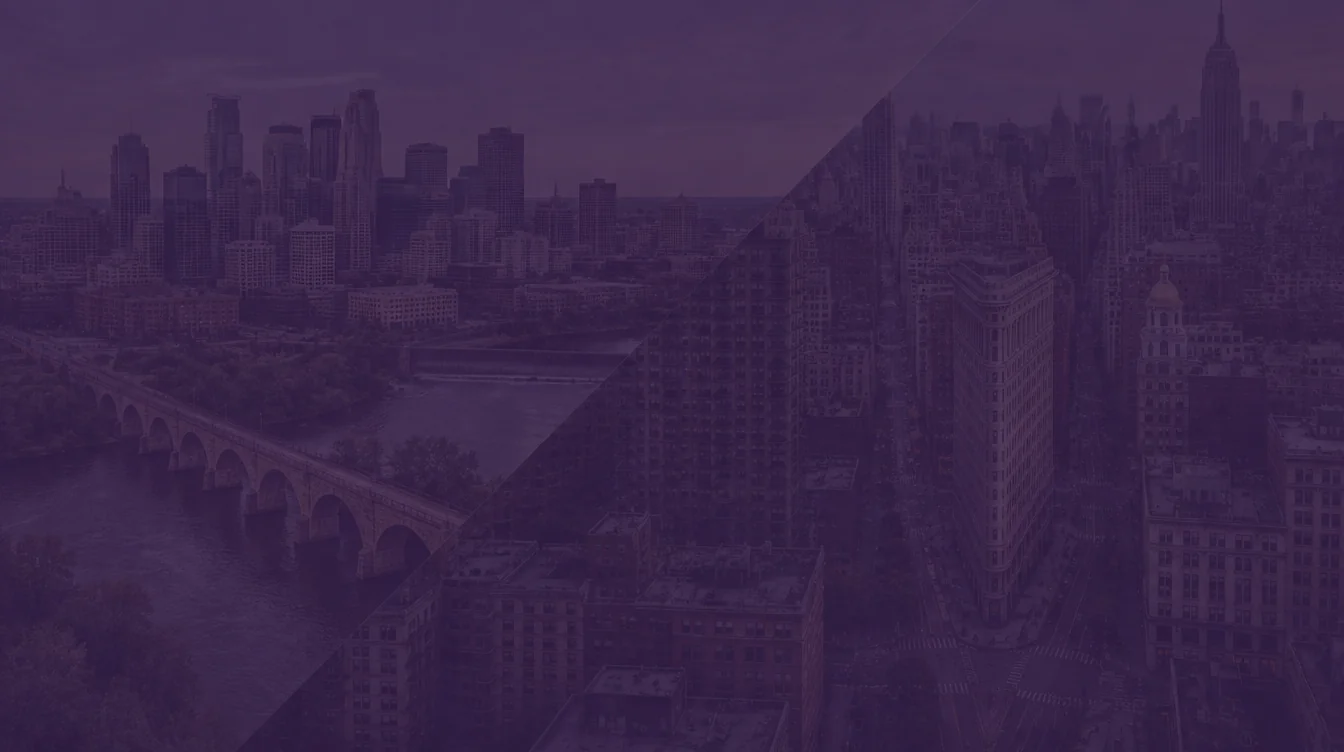 Aerial view of downtown Minneapolis and the Stone Arch Bridge over the Mississippi beside Manhattan with the Flatiron Building, under a dark purple overlay