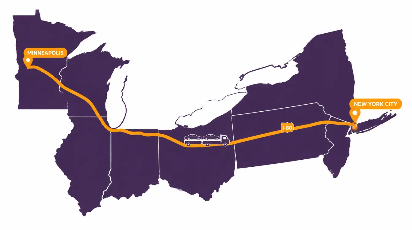 Map of the car shipping route from Minneapolis to New York City across Wisconsin, Illinois, Indiana, Ohio, Pennsylvania and New Jersey, with a car hauler on the I-80 line