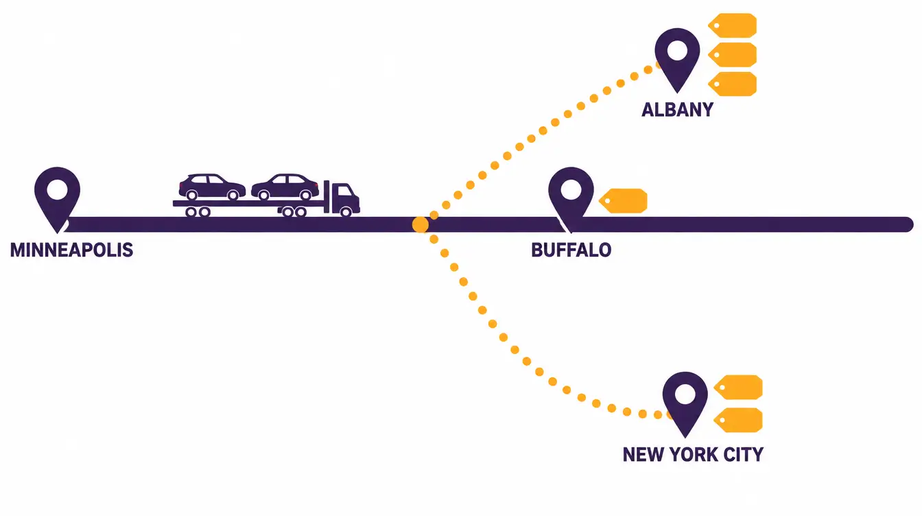 Diagram of a highway from Minneapolis with Buffalo on the road marked by one price tag and dotted detours to Albany with three tags and New York City with two