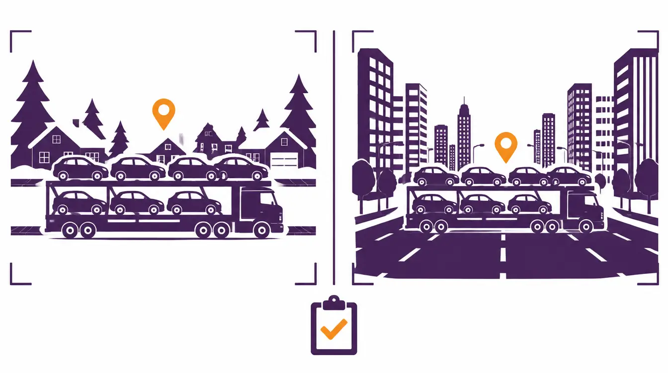 Loaded car hauler at pickup on a snowy suburban street with pines and houses and at delivery on a city avenue between towers, with an inspection clipboard between them