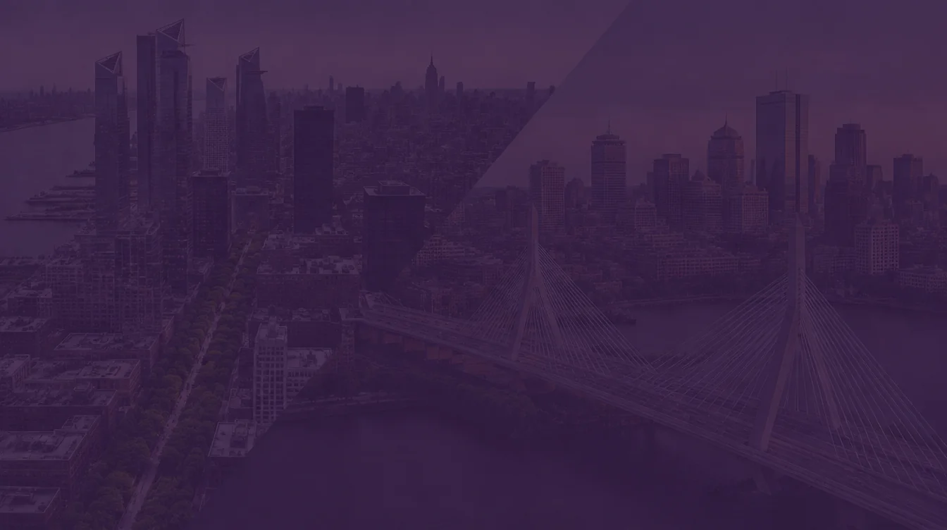 Aerial view of Hudson Yards and the High Line in New York City joined diagonally to the Zakim Bridge and the Boston skyline under a dark purple overlay