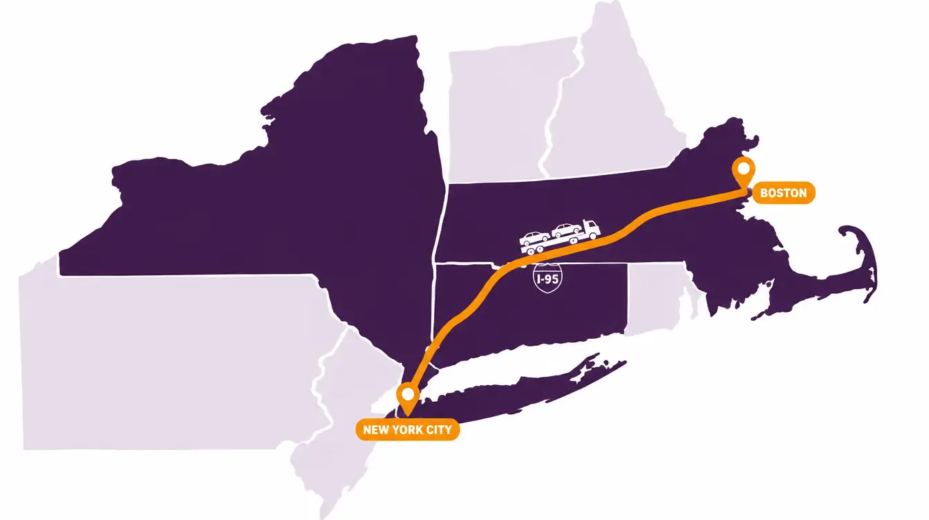 Map of New York, Connecticut and Massachusetts with an orange route from New York City to Boston labeled I-95 and a car hauler on the line