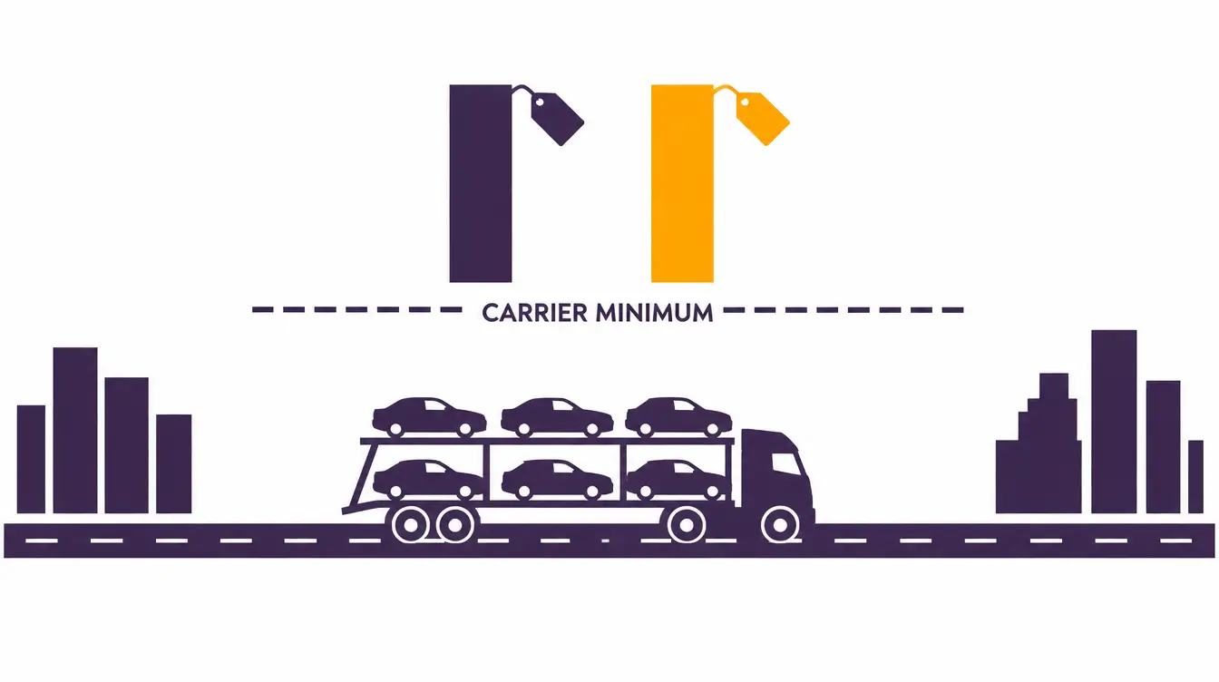 Car hauler on a road between two city skylines below two near-equal price bars resting on a dashed carrier minimum line
