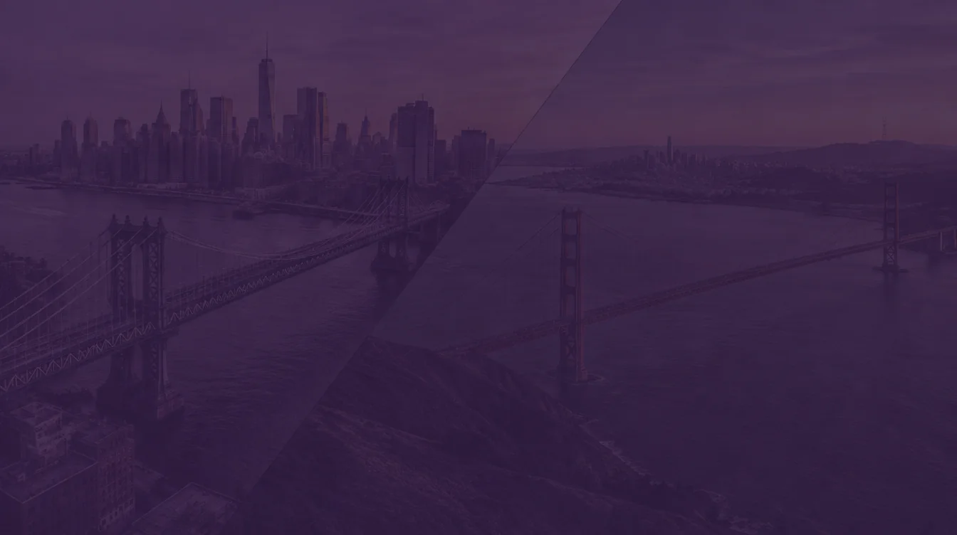 Aerial view of the Manhattan Bridge and the lower Manhattan skyline joined diagonally to the Golden Gate Bridge in San Francisco, under a dark purple overlay
