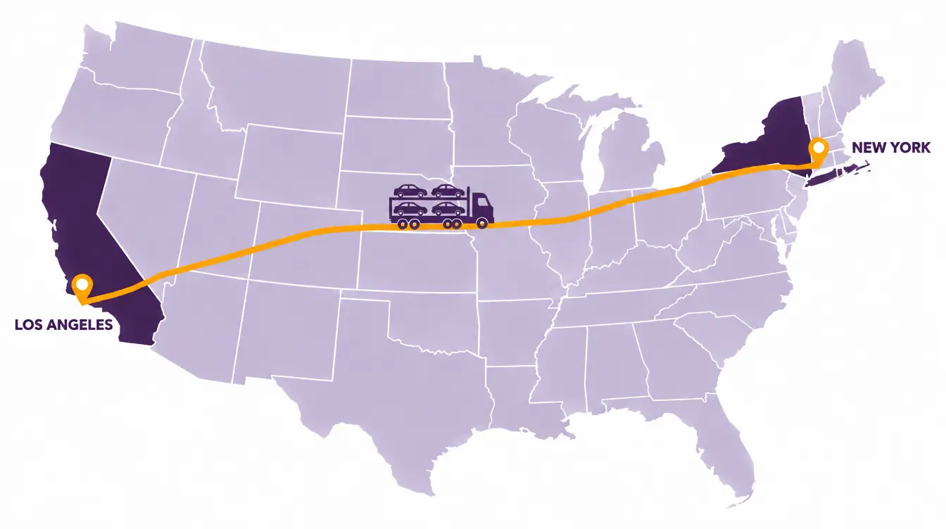Map of the United States with New York and California shaded, an orange route line from a New York City pin to a Los Angeles pin, and a car hauler truck on the route