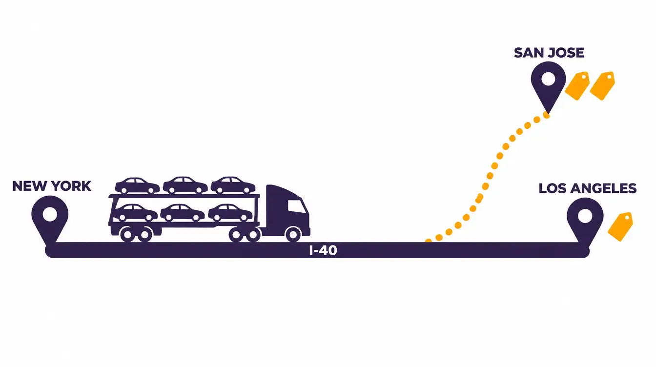 Car hauler on I-40 from a New York pin to a Los Angeles pin with one price tag, and a dotted branch up to San Jose marked with two price tags