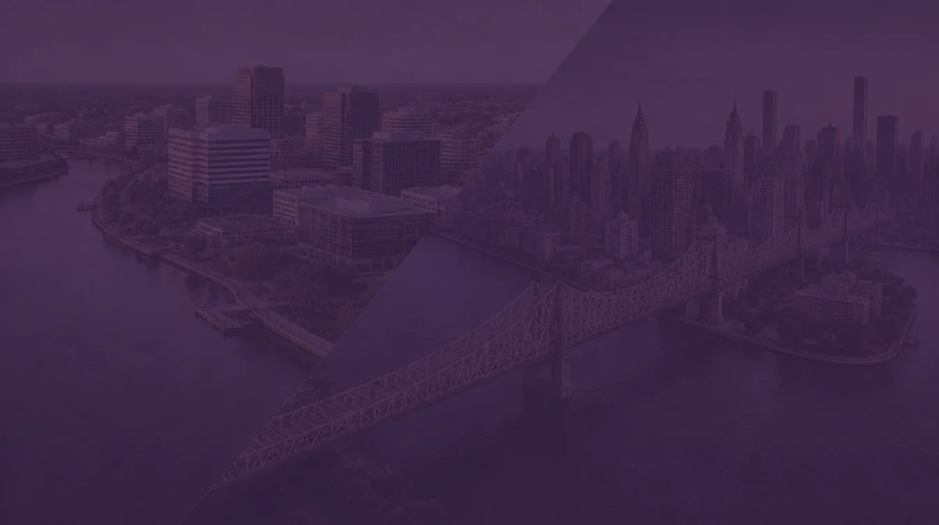 Aerial view of a downtown riverfront along a curving river joined diagonally to the Queensboro Bridge over the East River with Roosevelt Island and the Midtown Manhattan skyline, under a dark purple overlay