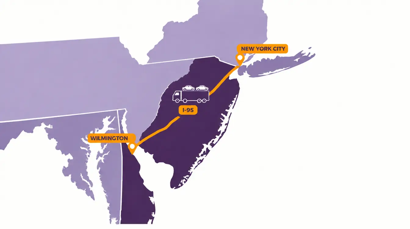 Route map from Wilmington in northern Delaware across New Jersey to New York City along I-95, with a car hauler on the route and the neighboring states shaded lighter