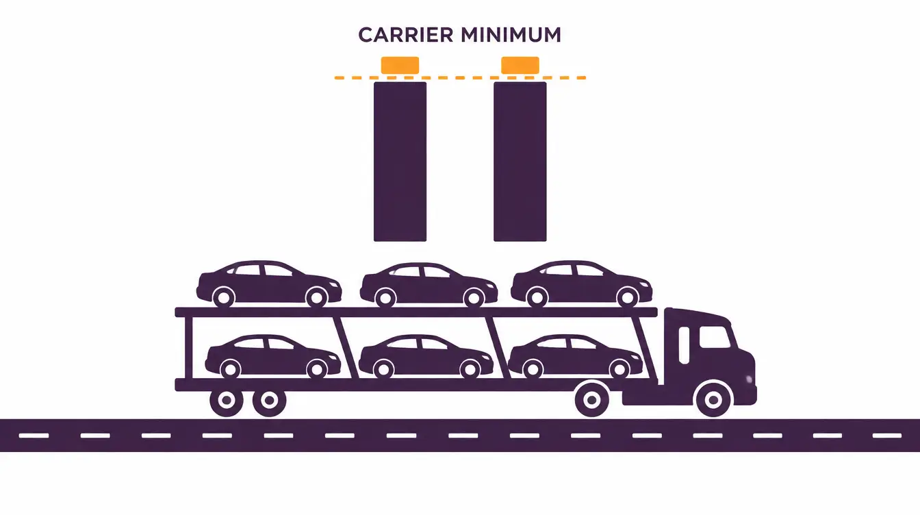 Two level car hauler loaded with cars on a road below two nearly equal bars that meet a dashed line labeled carrier minimum