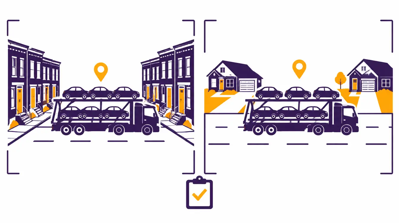 Car hauler loaded with cars on a narrow street of brick rowhouses for pickup and on a suburban street of houses with driveways for delivery, with a clipboard and orange check between them