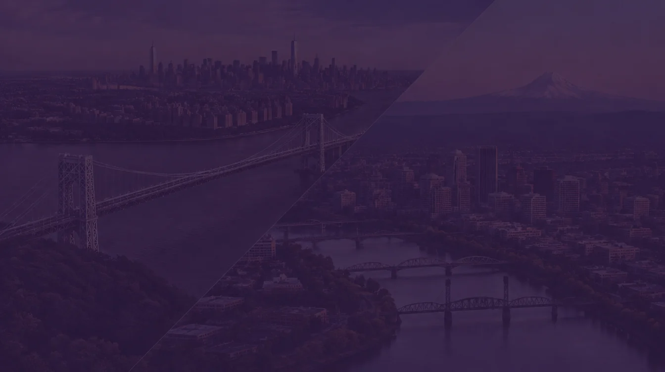 Aerial view of a long suspension bridge over a wide river with the Manhattan skyline beyond, joined diagonally to a riverfront city with several bridges below a snow-capped peak, under a dark purple overlay