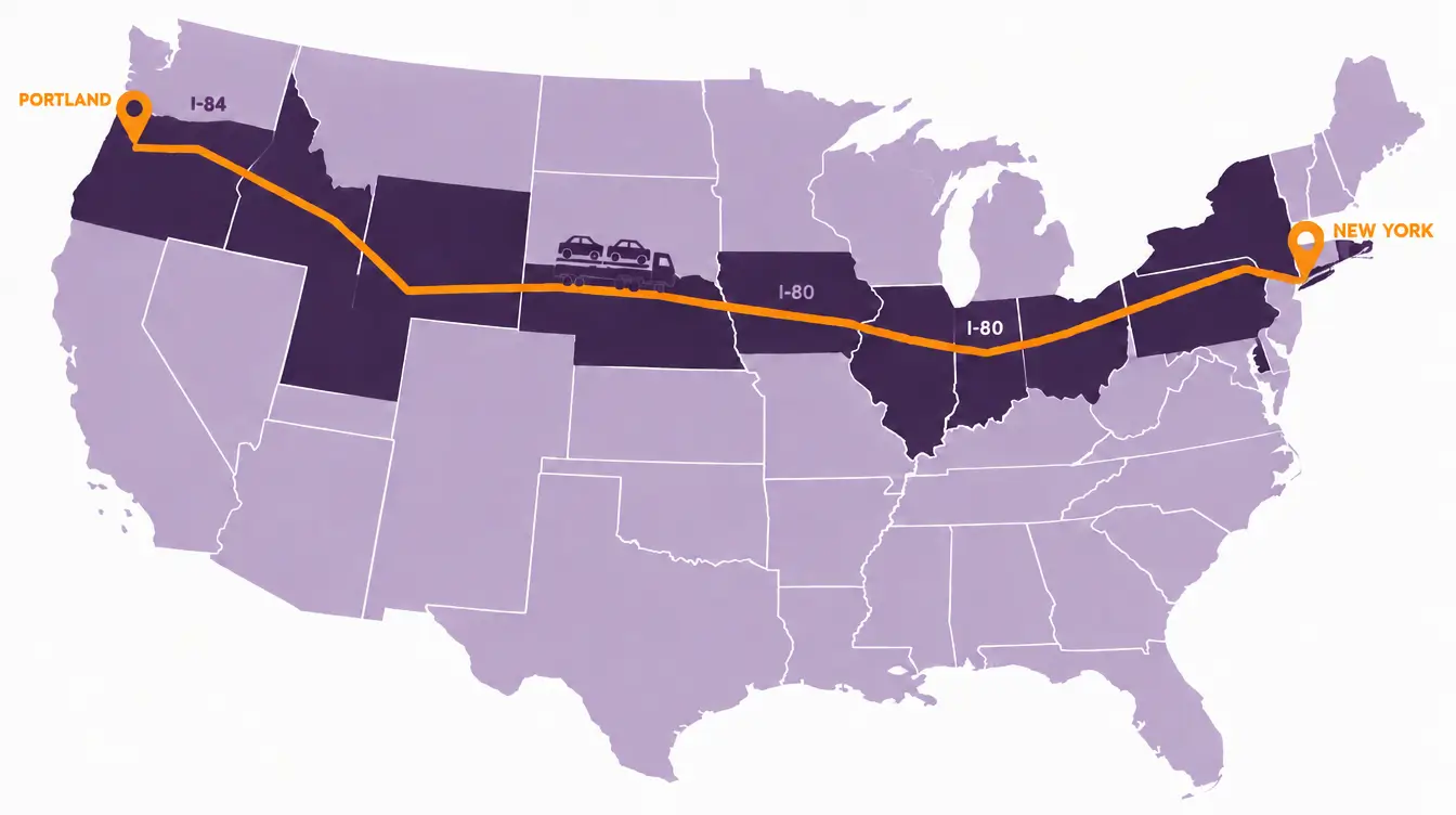 Map of the car shipping route from New York City west on I-80 across Pennsylvania, Ohio, Indiana, Illinois, Iowa, Nebraska, Wyoming and Utah, then on I-84 across southern Idaho and Oregon to Portland, with a car hauler on the line