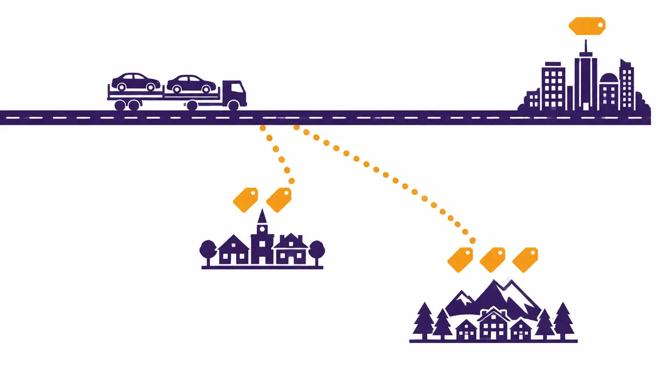 Highway with a car hauler, a city at the end of the road with one price tag, and dotted detours to a small town with two tags and a mountain town with three