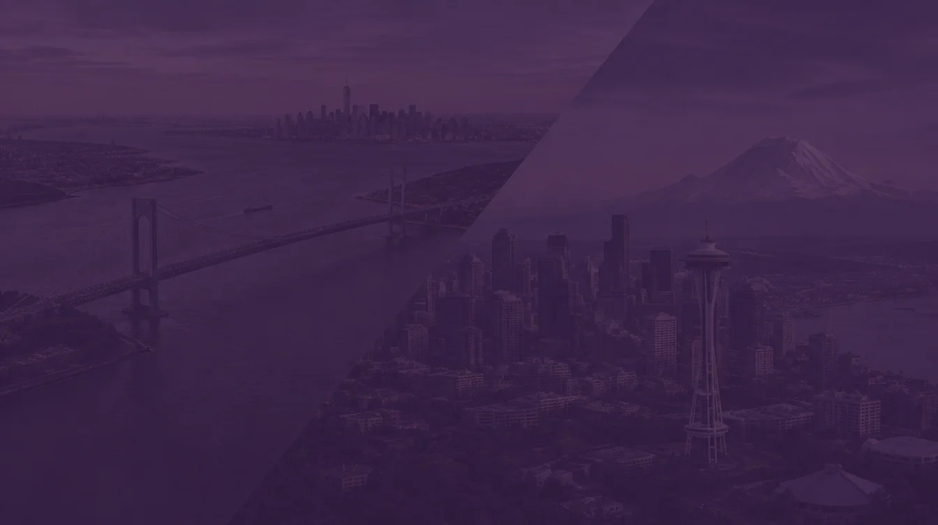 Aerial view of a long suspension bridge over open water with the lower Manhattan skyline in the distance, joined diagonally to the Seattle skyline with the Space Needle and snow-capped Mount Rainier, under a dark purple overlay