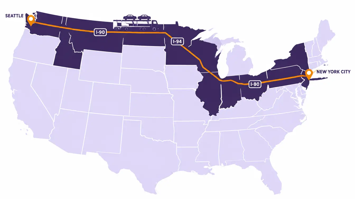 Route map of the northern United States with an orange line from New York City west on I-80, I-94 and I-90 to Seattle, the route states in dark purple and a car hauler on the line
