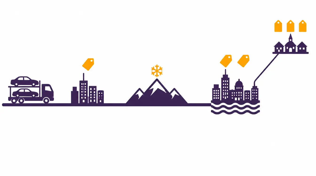 Illustration of a car hauler on a highway passing a city with one price tag, a snowy mountain pass, a waterfront city with two price tags and a branch road to a small town with three price tags