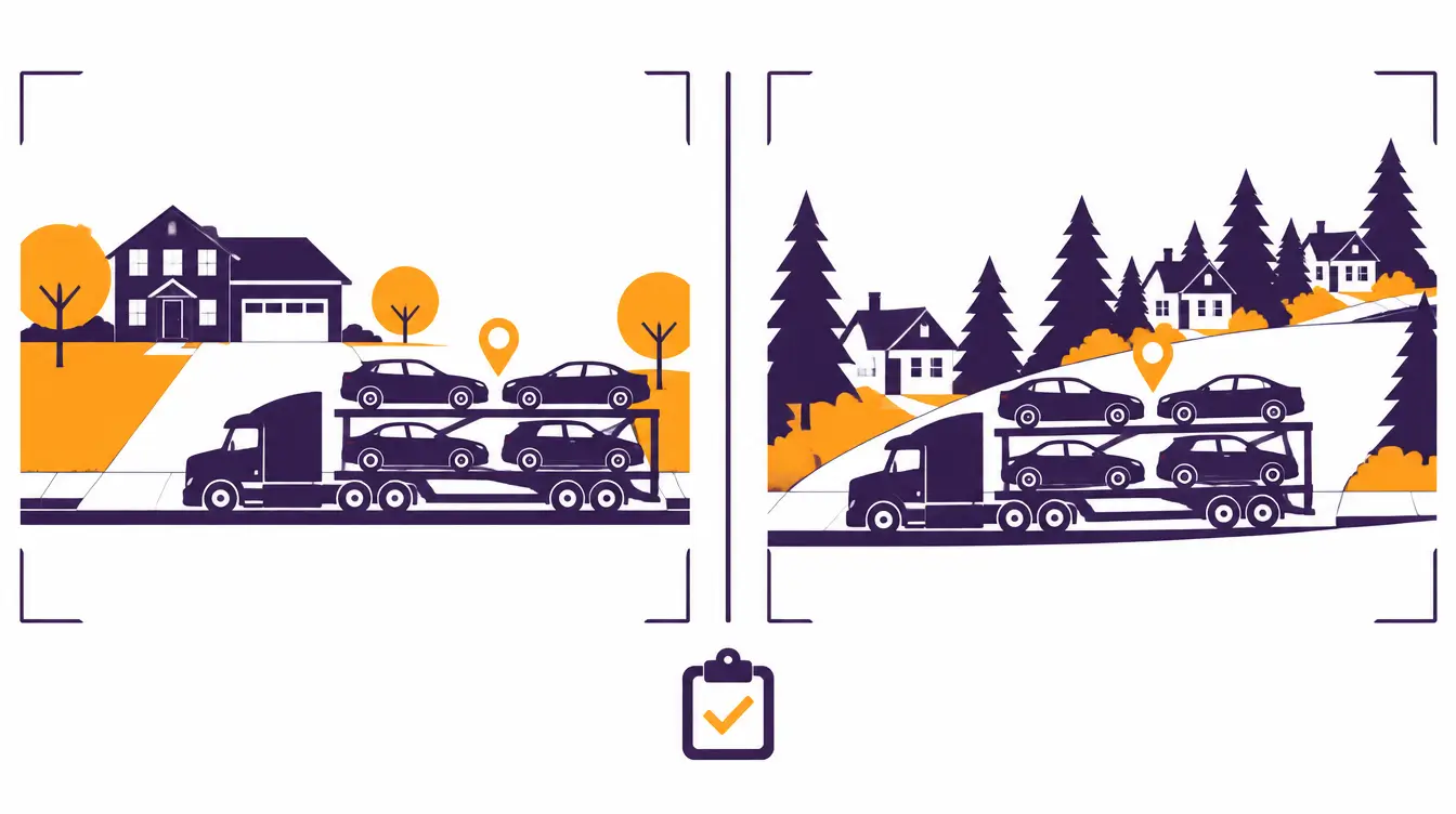 Two panels showing a loaded car hauler beside a suburban house and driveway at pickup and on a hillside street lined with evergreen trees at delivery, with a clipboard and orange check between them