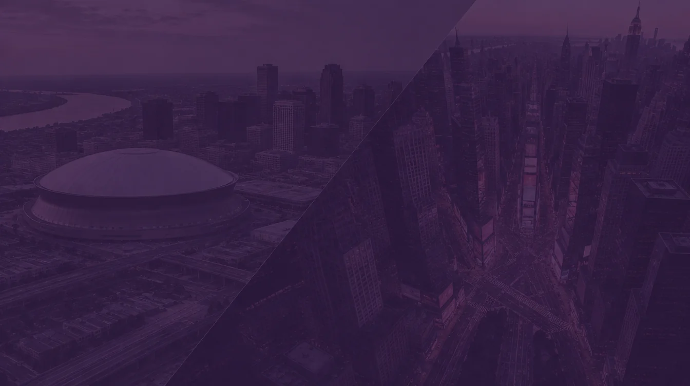 Aerial view of the Caesars Superdome and downtown New Orleans beside the Mississippi River, joined diagonally to Midtown Manhattan and the Times Square intersection, under a dark purple overlay