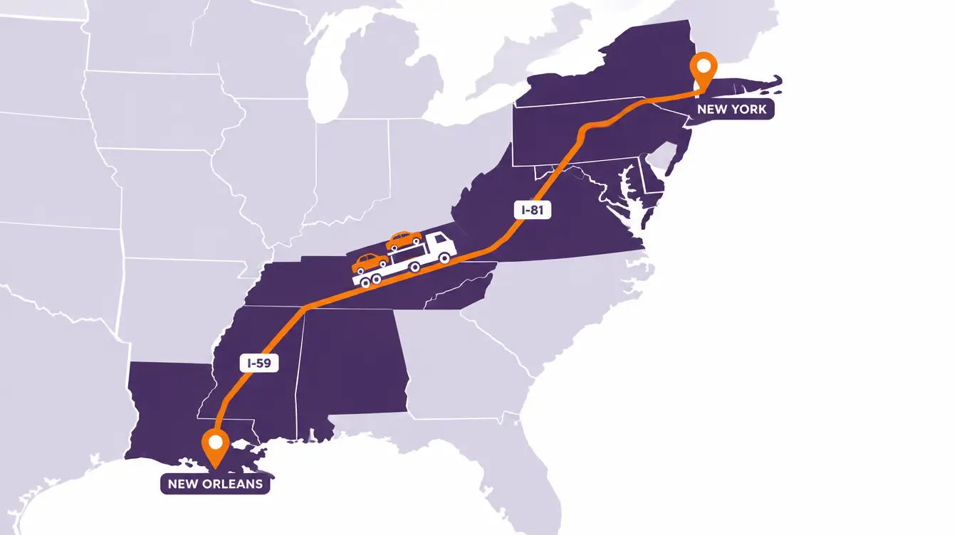 Route map from New Orleans, Louisiana northeast on I-59 and I-81 through Mississippi, Alabama, Tennessee, Virginia and Pennsylvania to New York City, with a car hauler on the route