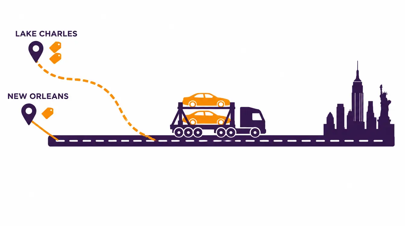 Car hauler on the highway toward the New York City skyline, with a short link from a New Orleans pickup marked with one price tag and a longer dashed route from Lake Charles marked with two