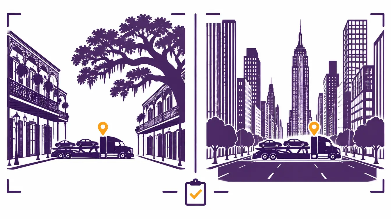 Car hauler at pickup on an old New Orleans street with iron balconies and a live oak, and at delivery on a Manhattan avenue between skyscrapers, with an inspection clipboard between them