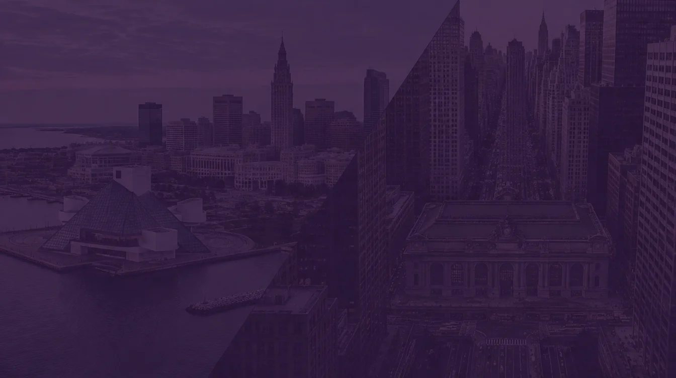 Aerial view of the Rock and Roll Hall of Fame and Terminal Tower on the Cleveland lakefront, joined diagonally to Grand Central Terminal and Park Avenue in Midtown Manhattan, under a dark purple overlay