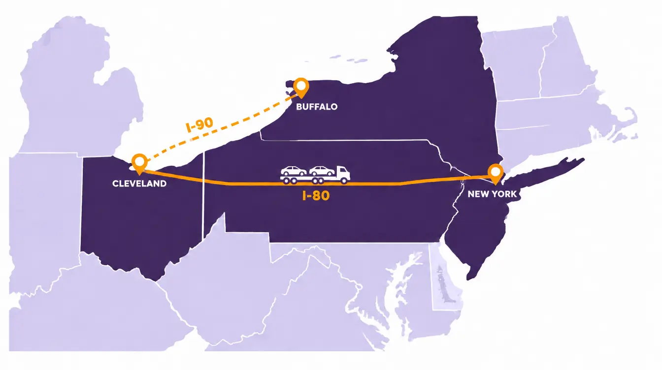 Route map with Ohio, Pennsylvania, New Jersey and New York in dark purple, an orange line from Cleveland east on I-80 to New York City and a dashed line on I-90 along Lake Erie to Buffalo, with a car hauler on the route