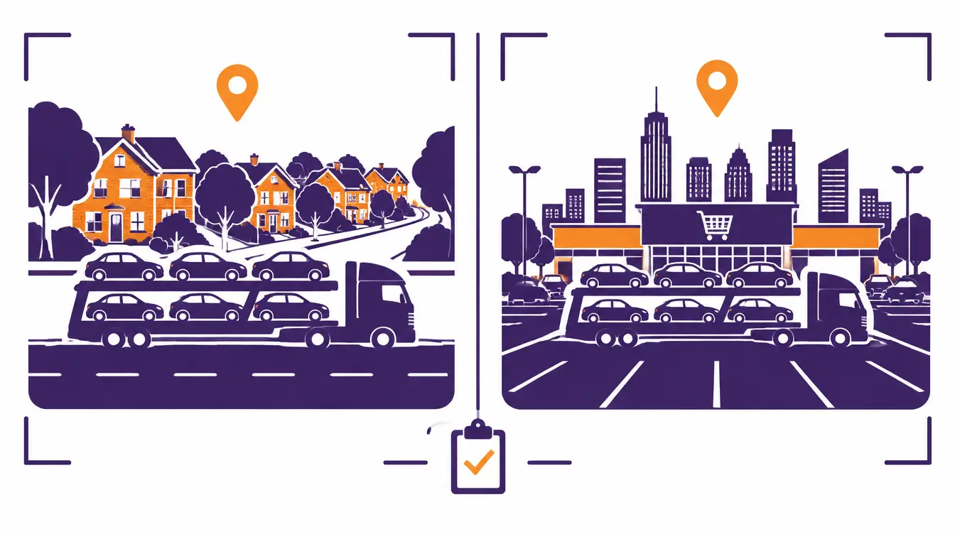 Two panels showing a loaded car hauler on a leafy hillside street of brick houses at pickup and in a supermarket parking lot below city skyscrapers at delivery, with an inspection clipboard and orange check in the middle