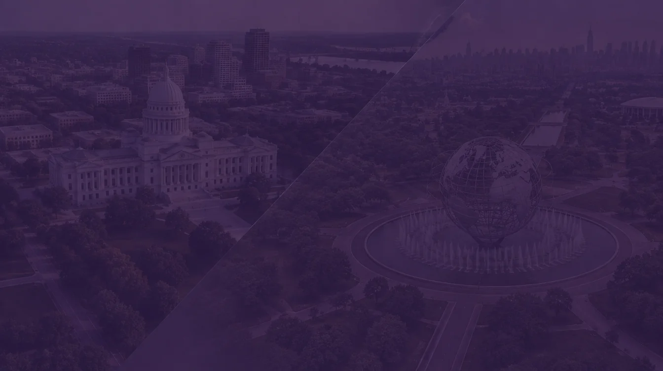 Aerial view of the Arkansas State Capitol in Little Rock joined diagonally to the Unisphere in Flushing Meadows Corona Park, Queens, under a dark purple overlay