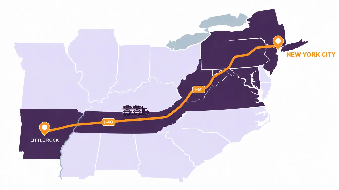 Route map from Little Rock, Arkansas east on I-40 through Tennessee and northeast on I-81 through Virginia and Pennsylvania to New York City, with a car hauler on the route