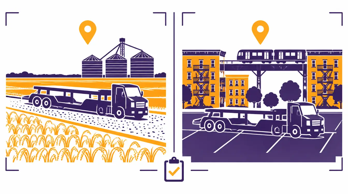 Two panels showing a car hauler on a gravel lane beside a rice field and grain bins at pickup, and in a parking lot beside brick apartments and an elevated subway at delivery, with an inspection clipboard between them