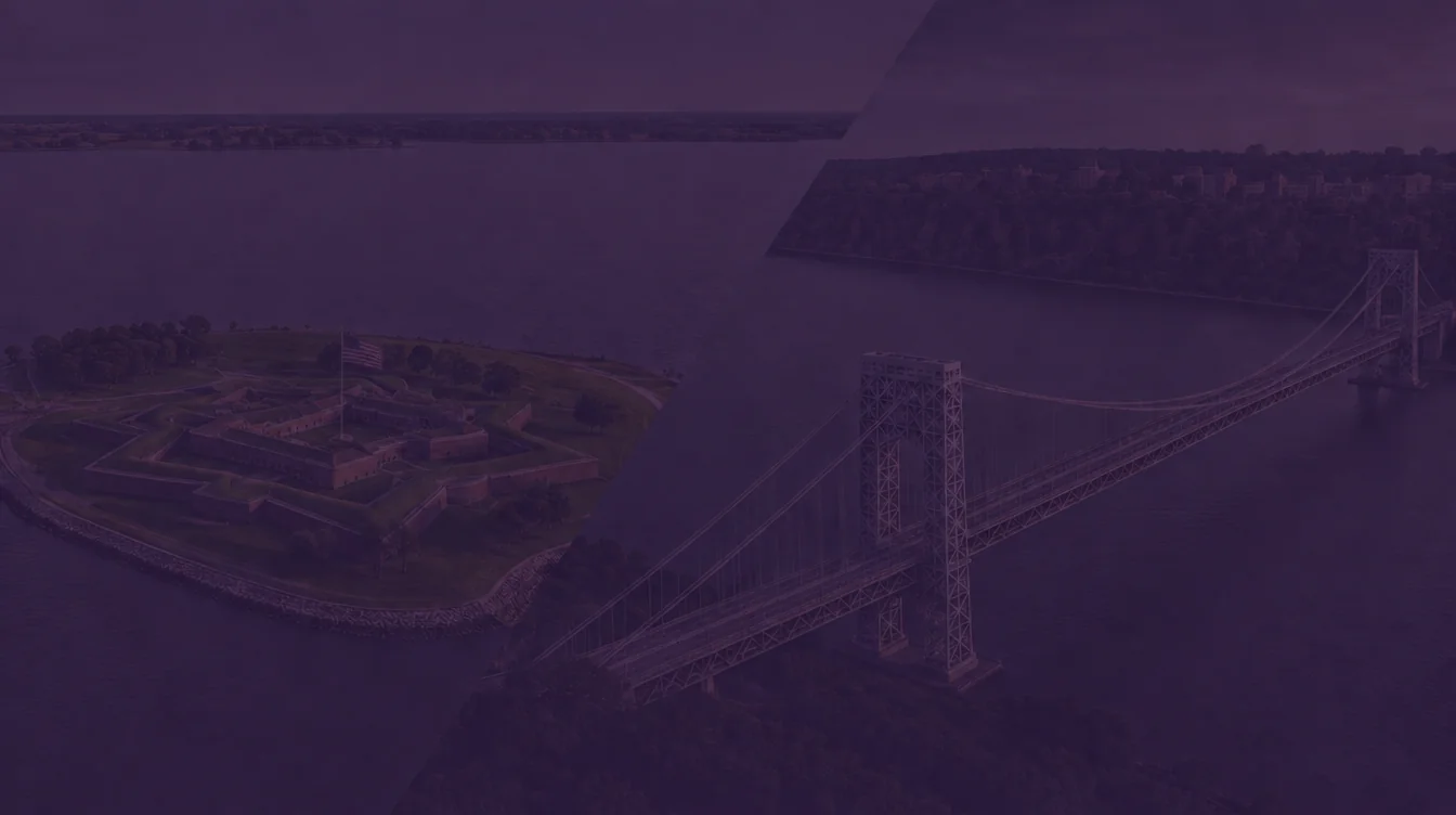 Star-shaped Fort McHenry on its point of land in Baltimore joined diagonally to the George Washington Bridge over the Hudson River below the wooded Palisades, under a dark purple overlay