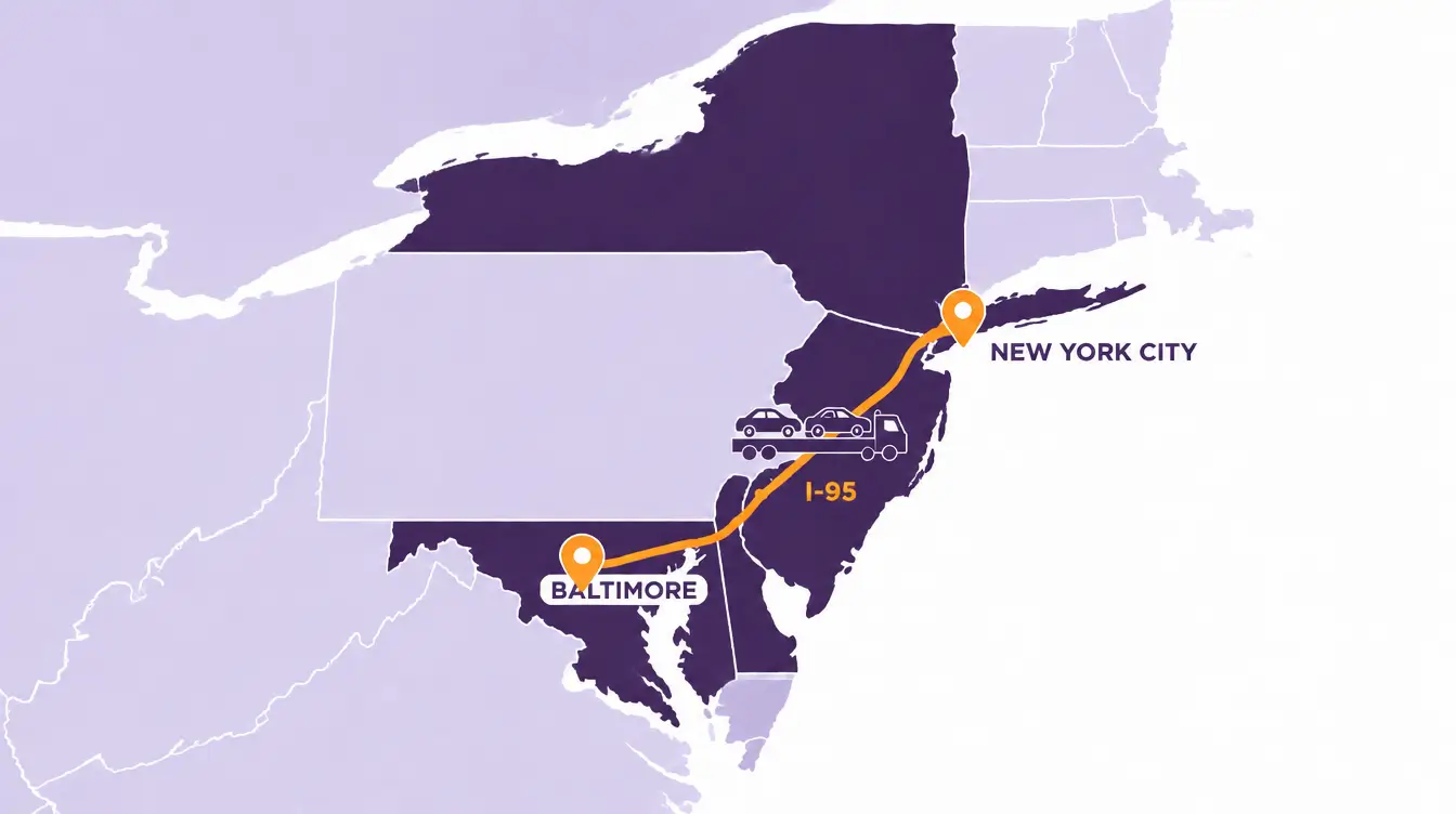 Route map from Baltimore, Maryland through northern Delaware and New Jersey to New York City along I-95, with a car hauler on the route and the neighboring states shaded lighter