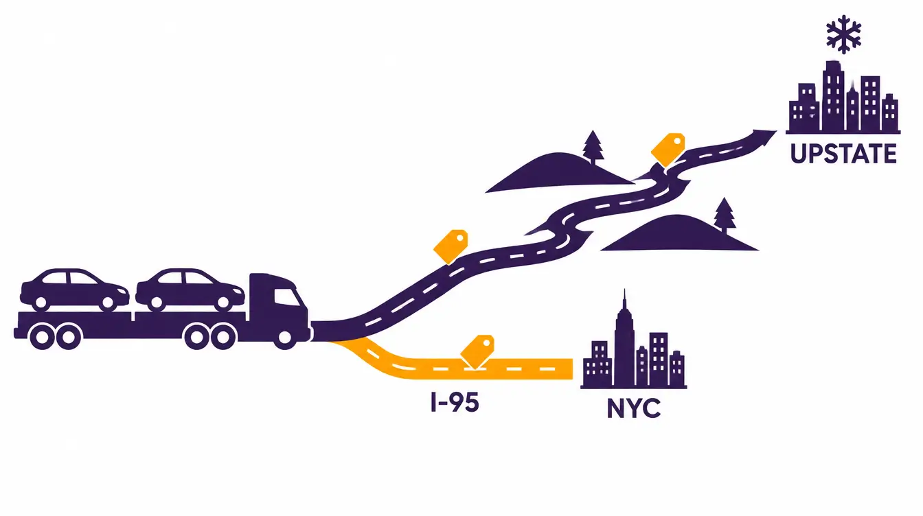 Car hauler on a highway that splits into a short I-95 road to a New York City skyline and a longer road over hills to an upstate city, with price tags on each road