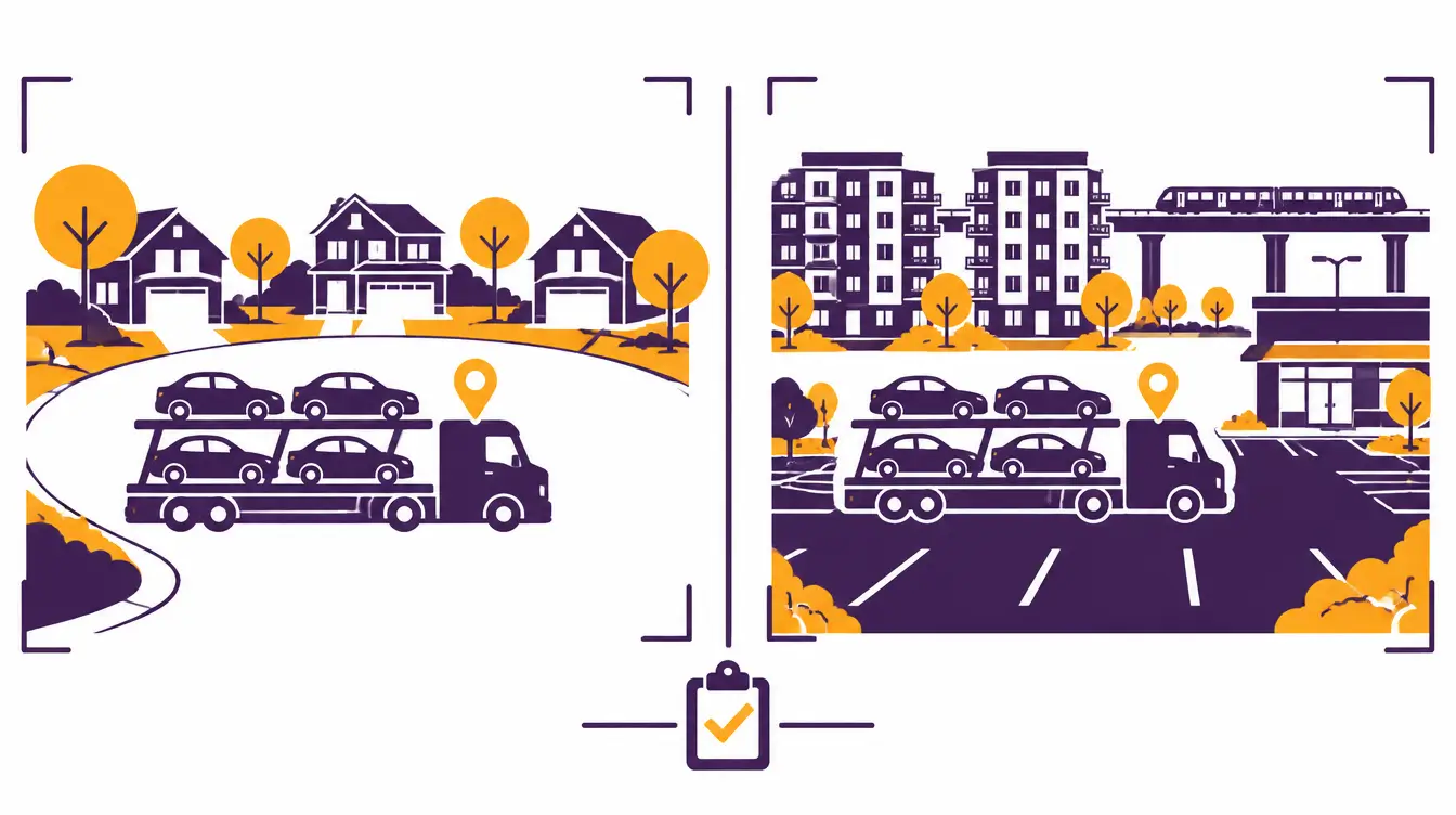Car hauler at the curb of a leafy suburban cul-de-sac for pickup and in a store parking lot beside apartment buildings and an elevated train for delivery, with a clipboard and orange check between them