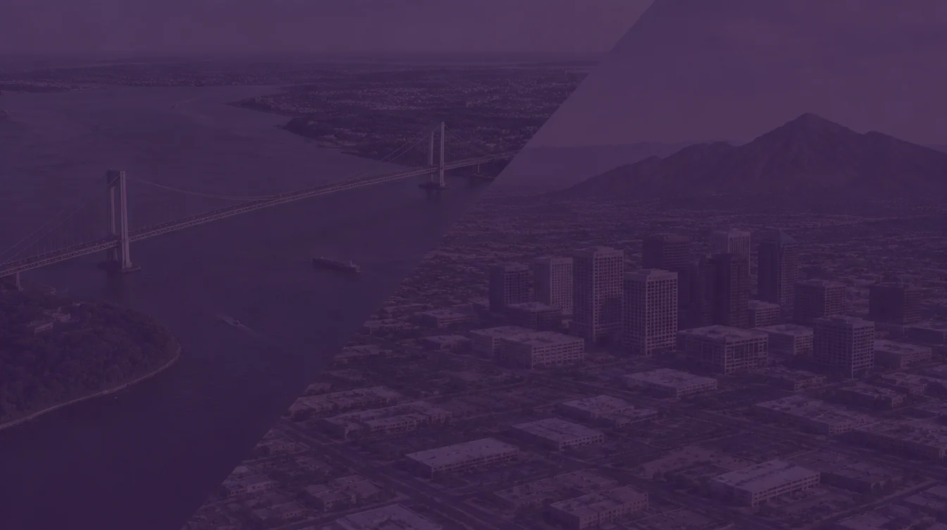 Aerial view of the Verrazzano-Narrows Bridge over the Narrows in New York Harbor, joined diagonally to downtown Phoenix with a desert mountain behind it, under a dark purple overlay