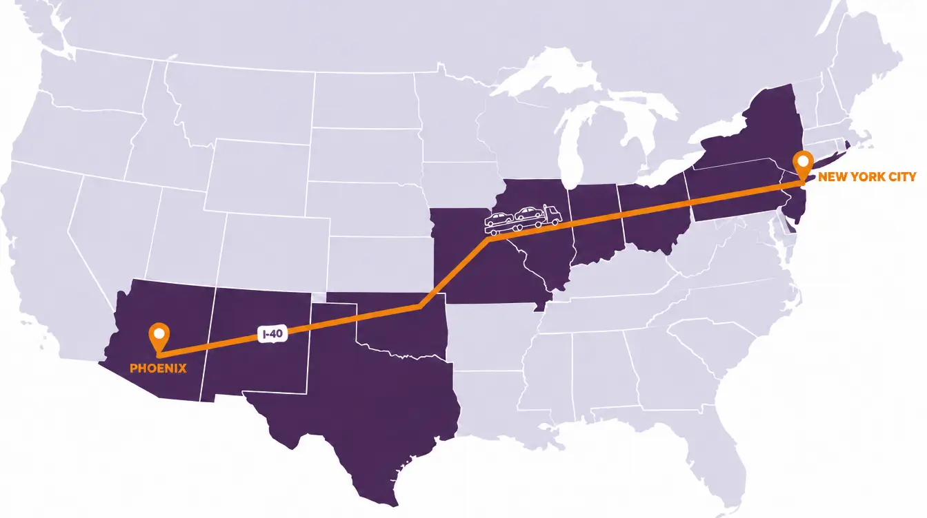 Map of the United States with an orange route line from New York City to Phoenix labeled I-40, with the states along the route shaded dark purple