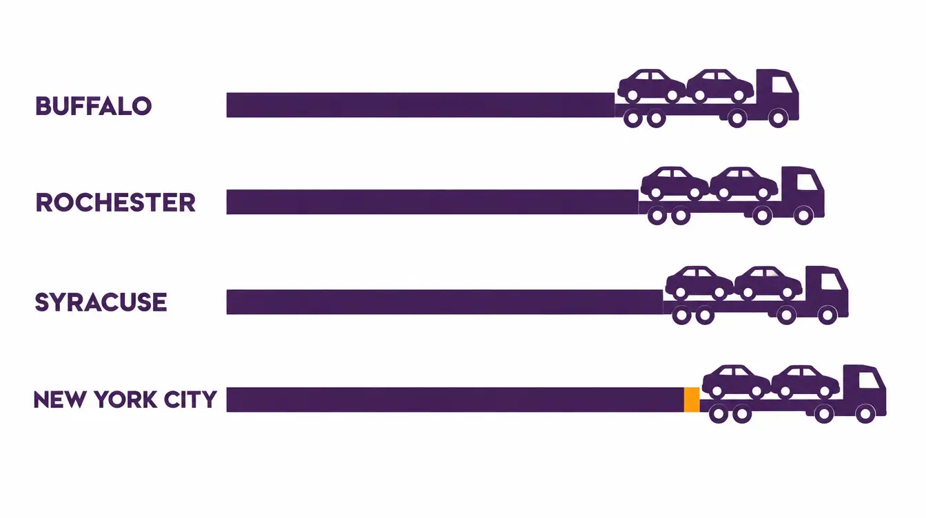 Four bars ordered by distance to Phoenix, from shortest to longest: Buffalo, Rochester, Syracuse and New York City, each ending in a car hauler truck icon, not to scale