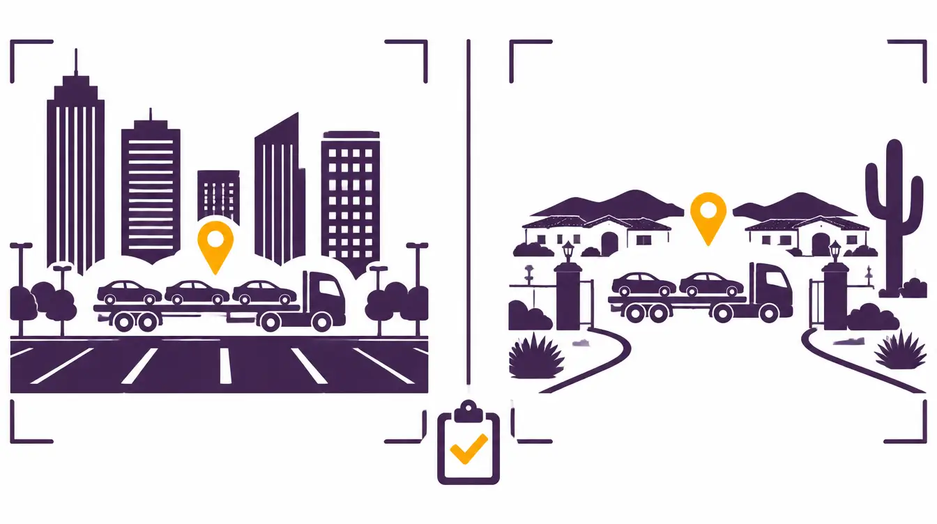 Two panels showing a car hauler truck in a New York parking lot beside skyscrapers on the left and at a gated desert suburb with a saguaro cactus on the right, with a clipboard and checkmark between them