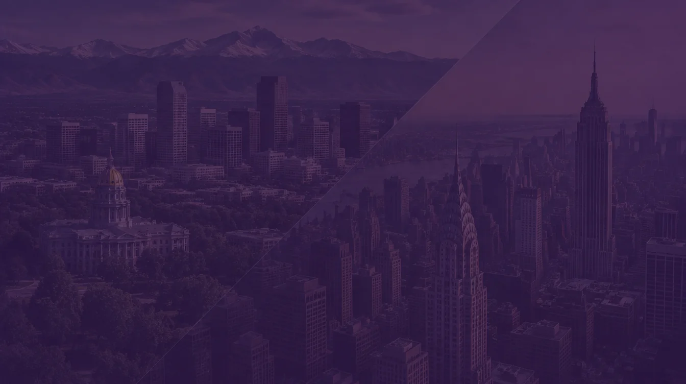 Denver skyline with the Colorado State Capitol dome and the Rocky Mountains beside Midtown Manhattan with the Empire State and Chrysler buildings, under a purple overlay