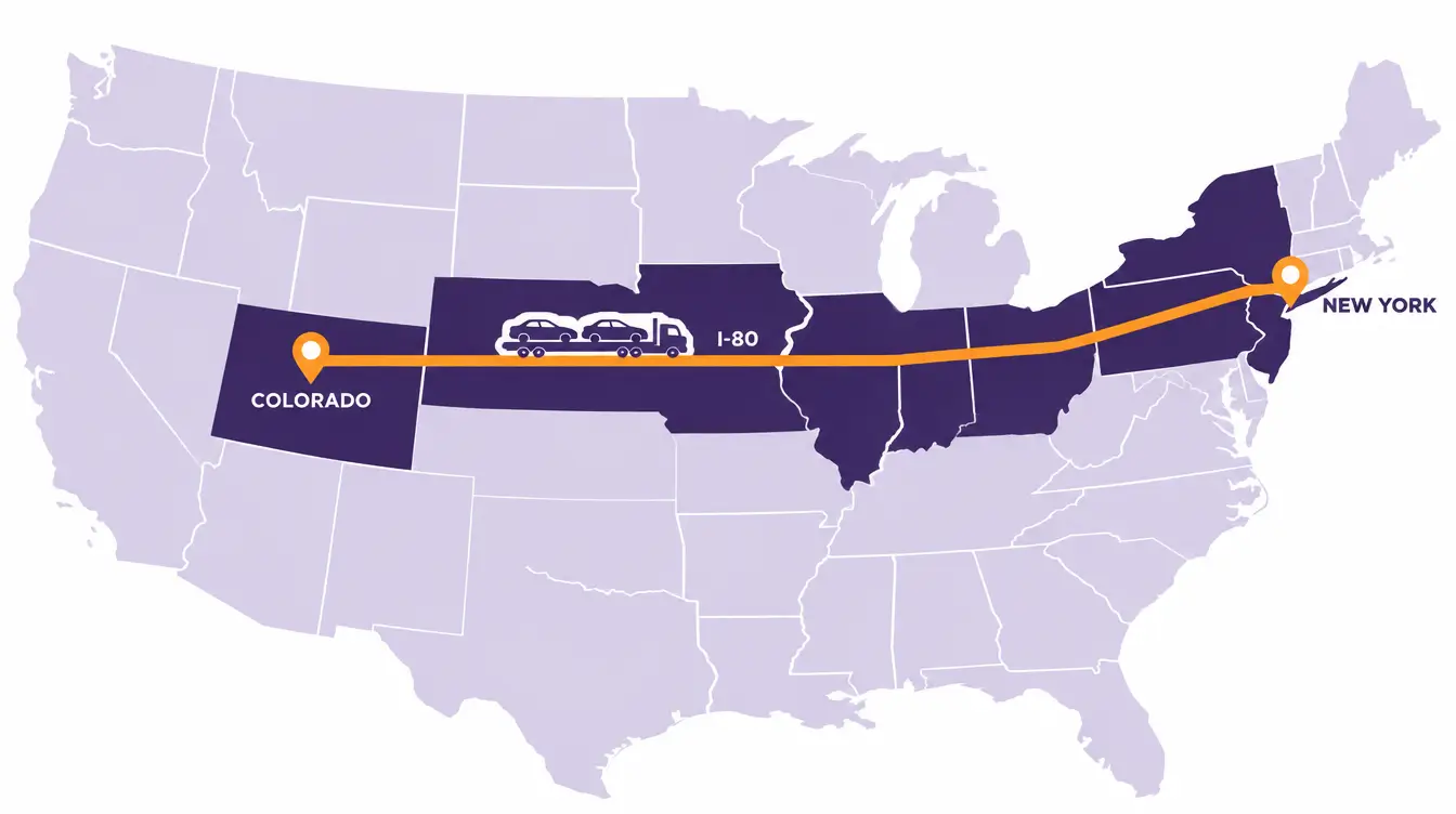 Map of the Colorado to New York car shipping route along I-80, from Colorado through Nebraska, Iowa, Illinois, Indiana, Ohio, Pennsylvania and New Jersey to New York