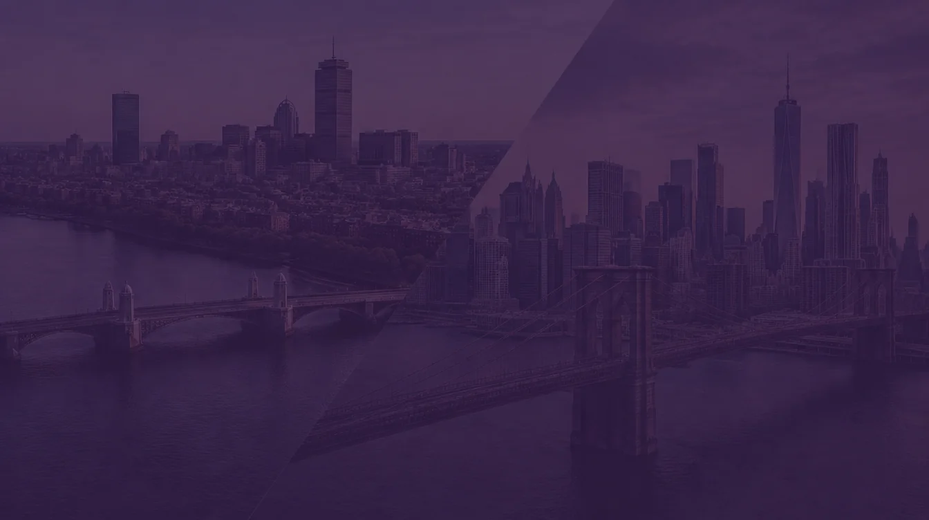 Aerial views of the Boston skyline with the Prudential Tower and the Longfellow Bridge over the Charles River, joined diagonally to Lower Manhattan and the Brooklyn Bridge, under a dark purple overlay