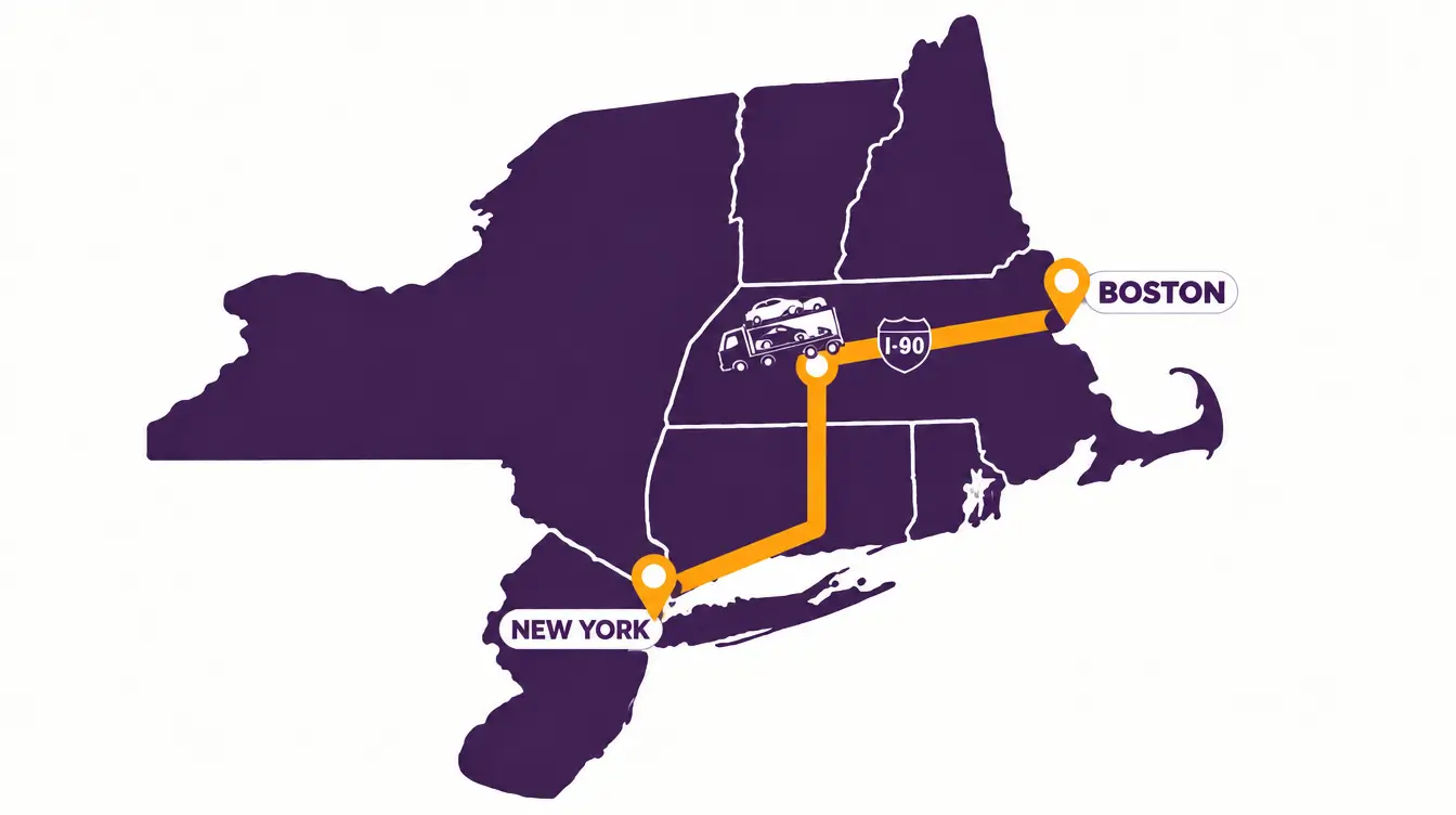 Map of Massachusetts, Connecticut and New York with an orange route from Boston west on I-90, then south through central Connecticut to New York City, with a car hauler on the line