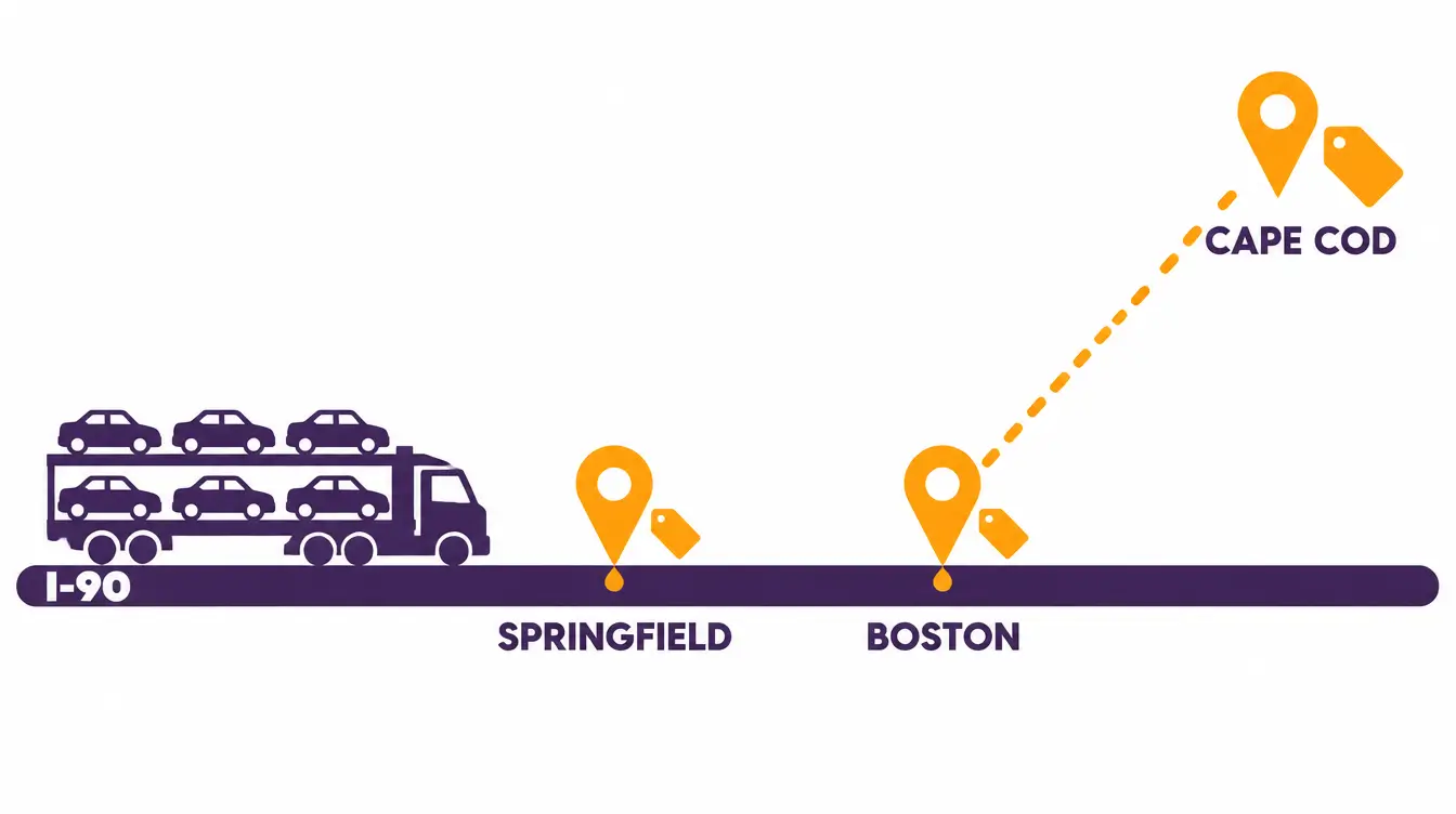 Car hauler on an I-90 road with Springfield and Boston pins carrying equal small price tags and a dashed detour to Cape Cod with a larger price tag