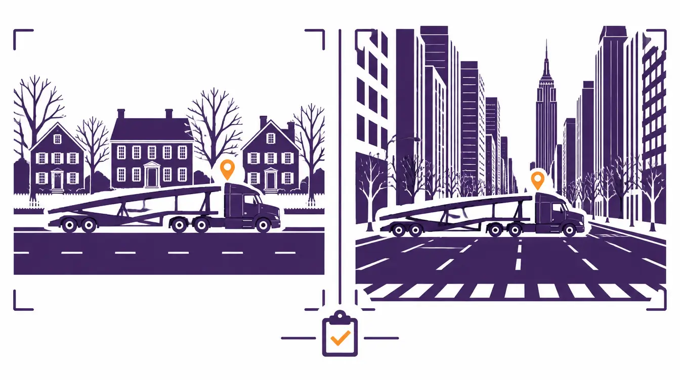 Car carrier on a New England street of colonial houses and on a wide Manhattan avenue beside skyscrapers, with an inspection clipboard between them
