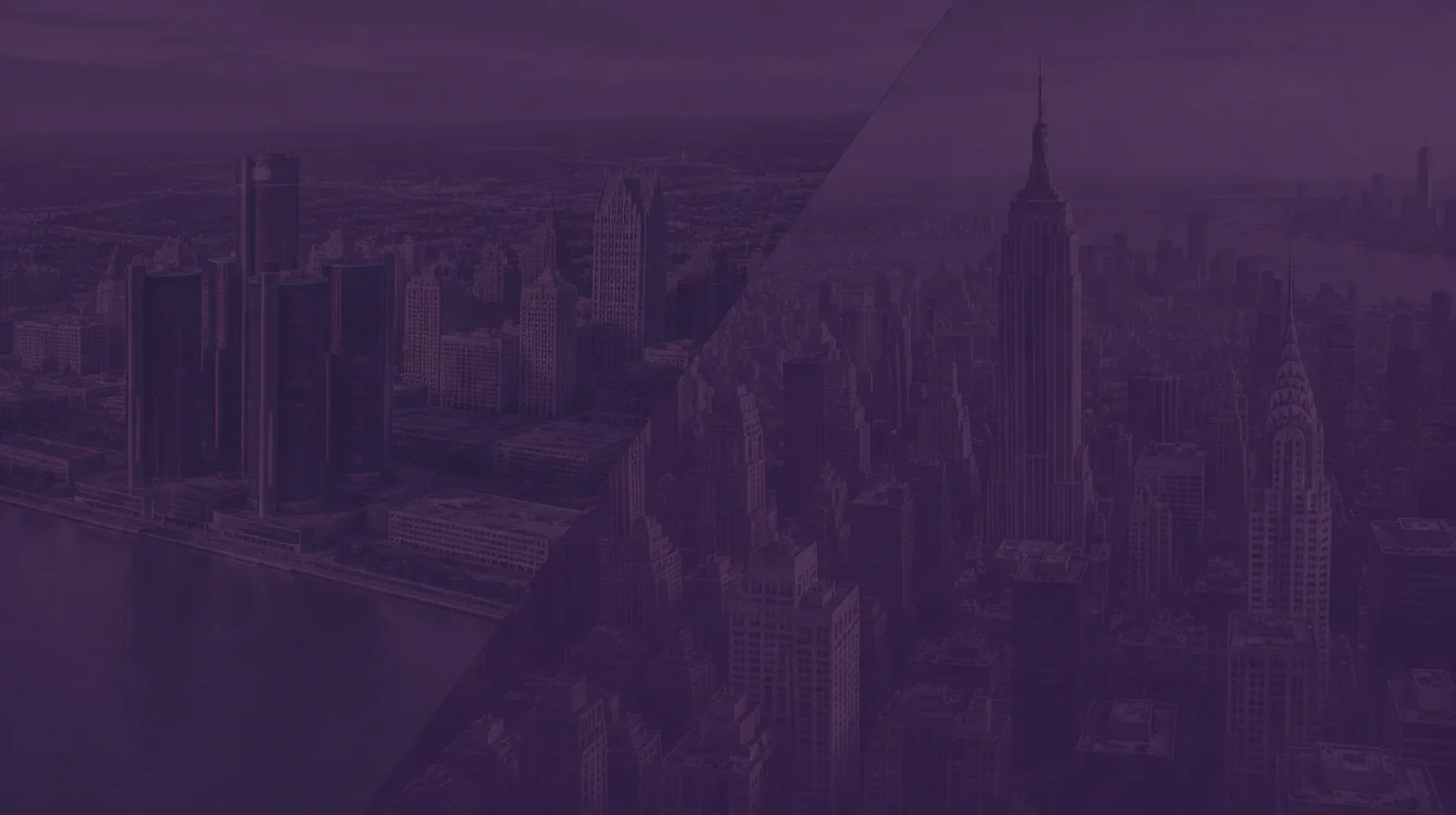Aerial views of the Detroit riverfront with the Renaissance Center towers, joined diagonally to Midtown Manhattan with the Empire State Building and the Chrysler Building, under a dark purple overlay