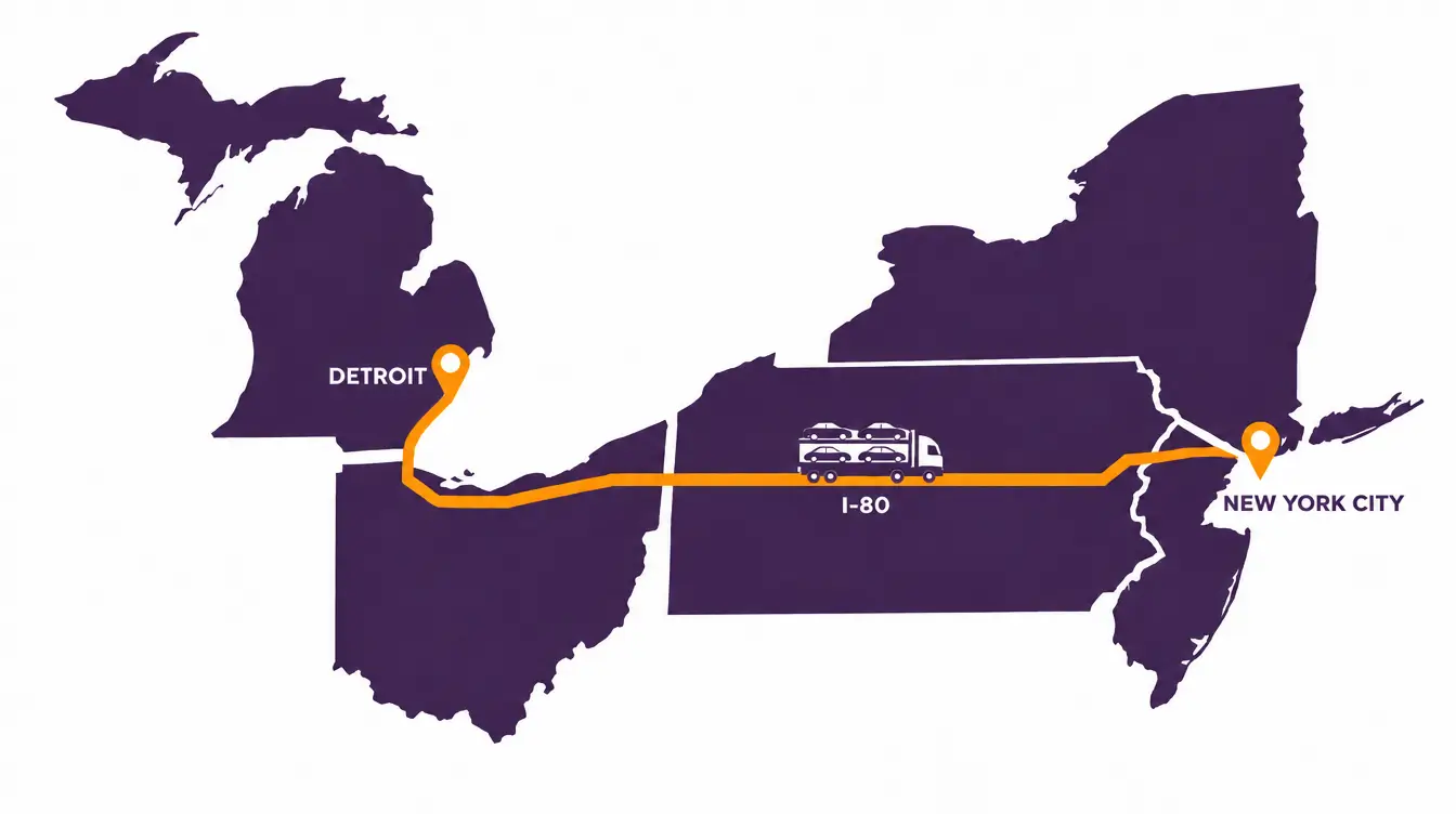 Map of Michigan, Ohio, Pennsylvania, New Jersey and New York with an orange route from Detroit south to the Ohio line, then east across northern Ohio and Pennsylvania on I-80 to New York City, with a car hauler on the line