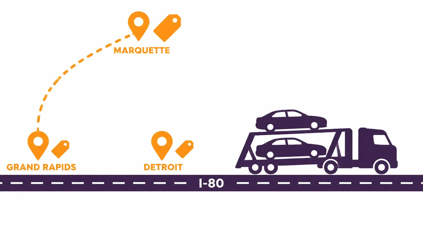 Car hauler heading east on an I-80 road, with Detroit and Grand Rapids pins carrying small price tags and a dashed detour north to Marquette marked with a larger price tag