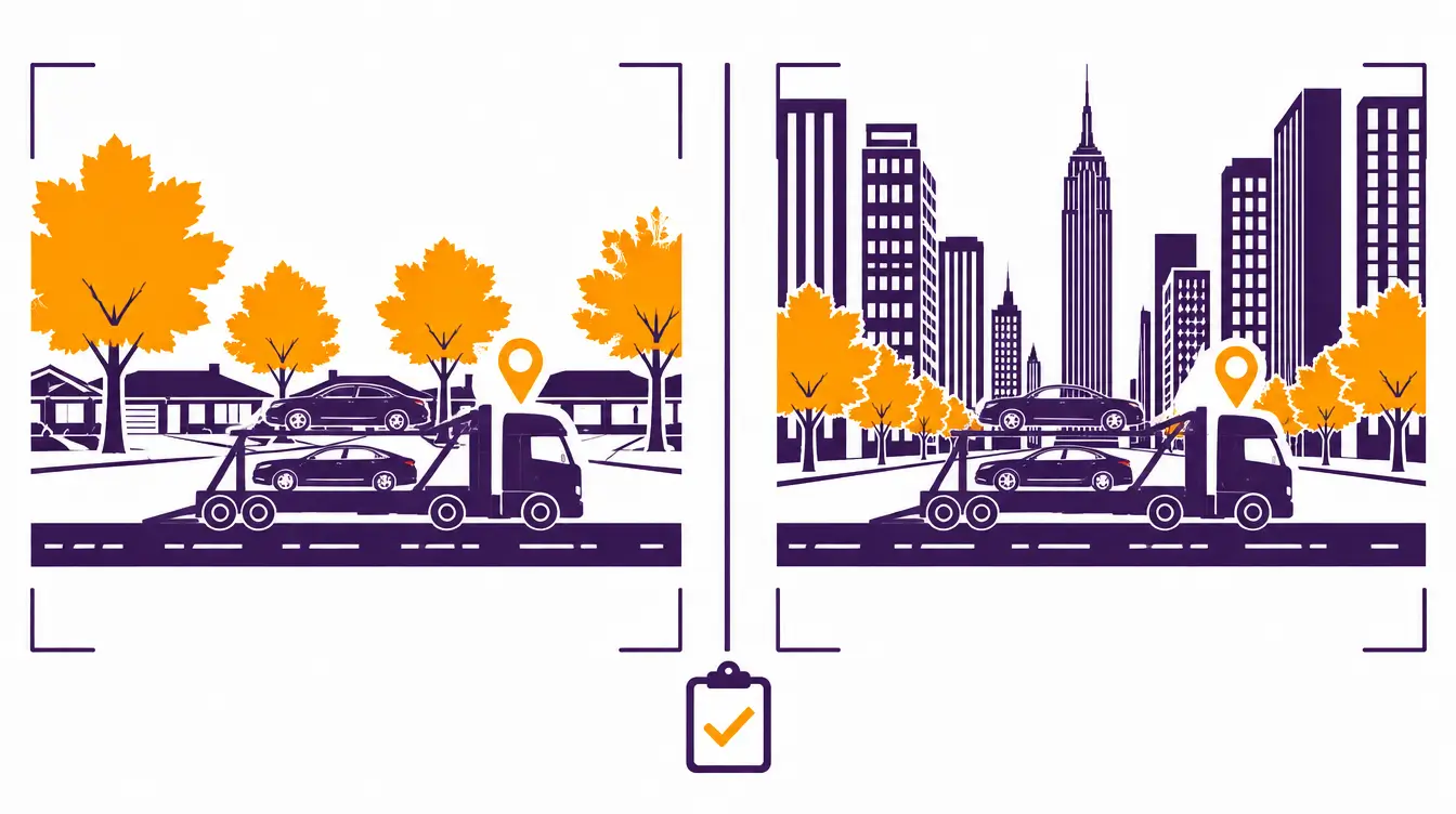 Car hauler with two cars on a maple-lined suburban street of ranch houses for pickup in Michigan, and on a wide Manhattan avenue beside skyscrapers and the Empire State Building for delivery, with an inspection clipboard between them