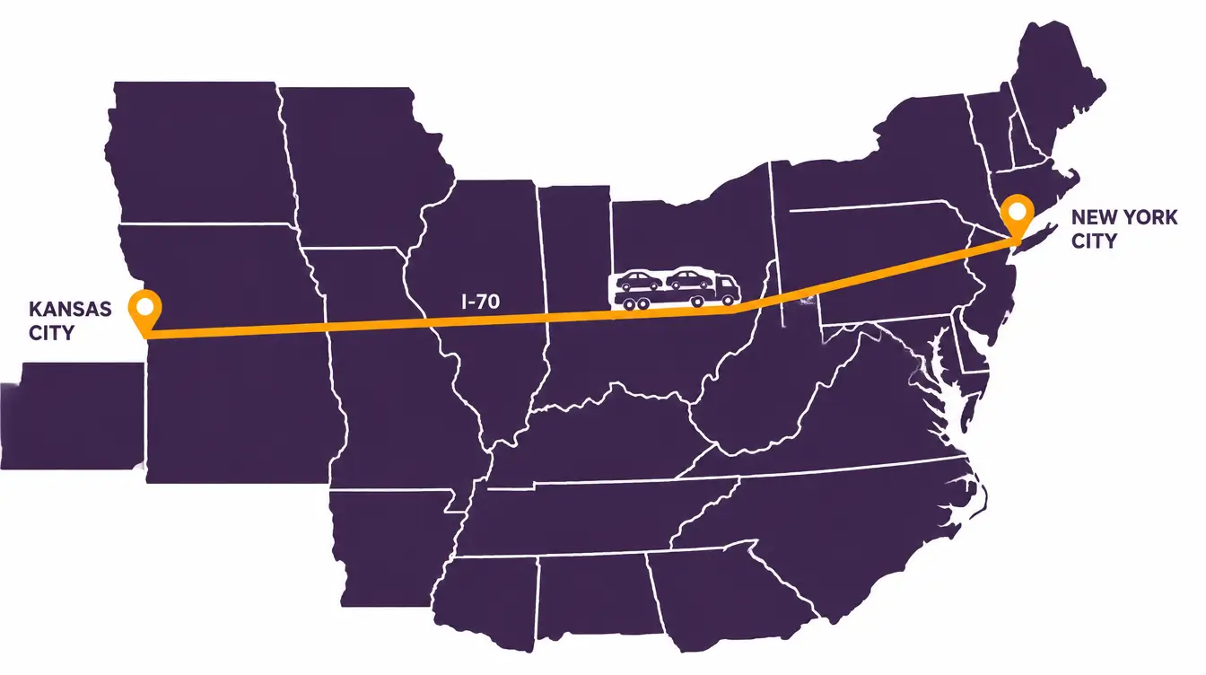 Map from Kansas to New York with an orange route from Kansas City east on I-70 across Missouri, Illinois, Indiana and Ohio, then across Pennsylvania to New York City, with a car hauler on the line